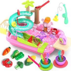 Play Sink Toy with Running Water, 4 in 1 Kitchen Sink Toy with Cutting Food Toys Set,Toddlers Montessori Educational Pretend Play Kitchen Toy with Magnetic Floating Pool Fishing Toy for Girls Ages 3+