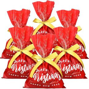 Tenare 100 Pieces Christmas Treat Bags Money Candy Cellophane Bag Loot Bags for Party with 22 Yards Beige Ribbon for Toy Party Favor Party Supplies, 6 x 9 Inch(Delicate Style)
