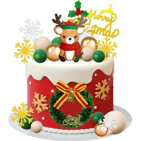 Christmas Cake Topper Handmade Reindeer Figure Cake Decorations Green Gold Balls Snowflake Cake Toppers for Winter Holiday Cake Decor Christmas Theme Party Supplies
