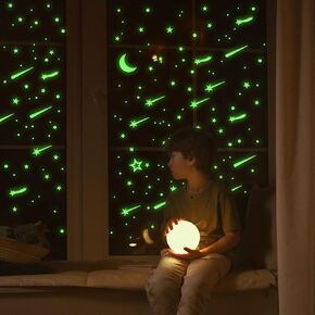 Glow in The Dark Stars for Ceiling Adhesive 334PCS Wall Stickers Luminous Ceiling Stars Moon Decor,for Kids Bedroom Decals Valentine's Day Decoration, Green