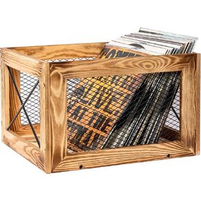 Becko US Vinyl Record Storage Crate, Wooden Record Rack Stand Holder, Record Organizer Storage 80+ Records, LP, Album Storage for Vinyl Records, Carbonized Pinewood, Lightweight and Stable