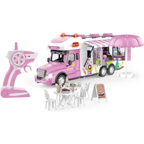 Remote Control Camper Toys, RC Truck for Boys Pull Back Model Car Doors & Awning Open Light Sound, RC Food Car Age 3 4 5 6 7 8 Kids Toddlers Birthday Gifts