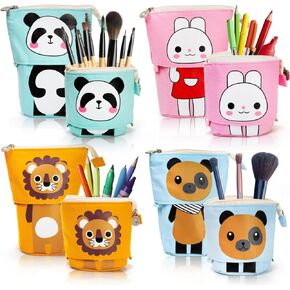 4 Pack Telescopic Pencil Case, Cute Cartoon Standing Stationary Pouch with Zipper, Spacious Portable Pop up Pencil Holder Bag for Office