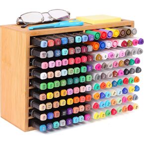 Marker Holder Organizer, Bamboo Marker Storage Organizer Holds 144 Markers, Solid Wood Marker Organizer Case with 18 Compartments for Home Classroom Office Desk Decor