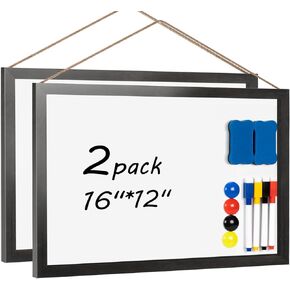 White Board Magnetic Dry Erase Board for Wall, 16"x12" Black Wooden Frame Whiteboard with Stand for Kids Students, Small White Boards Magnetic for Door Office Wall Decor-2 Pack