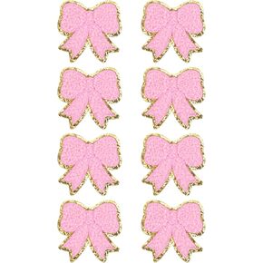 8Pcs Bow Patches,Pink Bow Chenille Patches Iron On,Gold Sparkling Bow Patches Sticker for Clothes Embroidery Sewing for Jeans Jacket Coat Hat Bag Backpack T-Shirt DIY