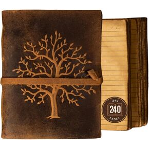 Lined Vintage Leather Journal | Tree of Life embossed Journal 8 " x 6" | Antique Journal for Men and Women Antique Handmade Deckle Edge Vintage Paper Leather Bound Journal - Book of Shadows Journal
