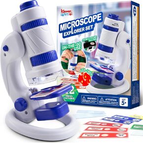 Klever Kits Microscope Explorer Set for Kids, 2 in 1 Science Experiment Toy with Portable Microscope and 12 Specimen Slides, 60X-180X, Educational Toys for Kids Aged 5+