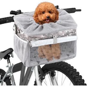 Dog Bike Basket, Pet Bicycle Carrier, Dog Car Seat with Safety Rope, Adjustable Shoulder Strap Portable Breathable Bicycle Basket Bag for Dogs and Cats Up to 15lbs