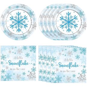 40PCS Blue Snowflake Party Supplies Winter Wonderland Birthday Party Supplies Tableware Set Including Blue and Silver Snowflake Plates Napkins for Christmas Holiday Winter Parties