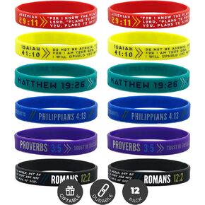 Ezekiel Gift Co. (12-pack) Colorful Bible Wristbands - Wholesale Pack of Silicone Bracelets in Mixed Adult Sizes for Bulk Christian Gifts and Party Favors