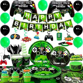 Gaming Birthday Party Supplies for Boys,194pcs Video Game Party Decorations&Tableware Set - Gaming Decorations Plates Cups Tablecloth Balloons Banner Cake Topper etc Game On Birthday Party Supplies
