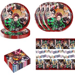 41Pcs Demon Slayers Party Supplies include 20 plates, 20 napkins for De Slayers 1 Tablecloth Birthday party Decoration