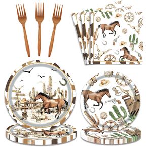 96 PCS Western Cowboy Party Decorations Cowboy Birthday Party Plates Tableware Set Wild West Rodeo Party Supplies Serves 24
