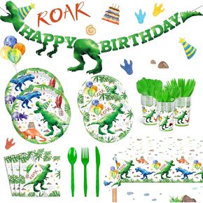 170pcs Dinosaur Party Supplies Watercolor Dinosaur Party Plates Napkins Dino Tableware Set Disposable Tablecloth Banner Dinosaur Theme Party Decoration for Boys Birthday Party Serves 24 Guests