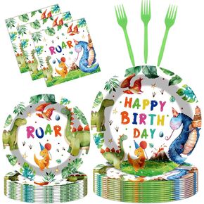 Dinosaur Birthday Party Tableware - 96 Pcs Watercolor Dino Disposable Set Dinosaur Happy Birthday Paper Plates Cups Napkins Forks for Boys Dino Theme Party Decorations Favors Serves 24 Guests