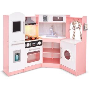 Lil' Jumbl Kids Corner Kitchen Set, Pretend Wooden Deluxe Play Kitchen, Battery Operated Icemaker, Stovetop & Faucet with Realistic Sound - Pink