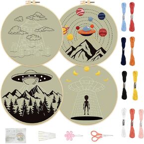FREEBLOSS 4 Set 8'' Embroidery Kit for Beginners UFO&Alien Pattern Embroidery Kit with Instructions Full Kit of Embroidery Cloth 2 Embroidery Hoops 9 Colors Flosses