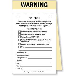 SmartSign NCR 2-Part Perforated Numbered Parking Warning Ticket | 3.75" x 6.25" Manila Tag with Adhesive Strips, Pack of 50, Made in USA