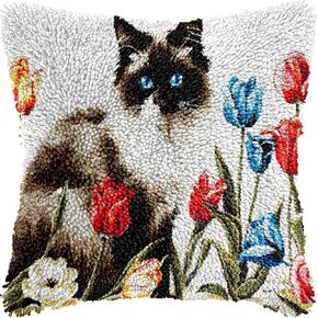 Siamese Kitten Cat and Tulips Latch Hook Kits Pillow Printed Canvas Cushion Crochet Yarn Needlework DIY Hook Latch Kit Pillowcase Rug Cover Home Sofa Christmas Decor 43x43cm