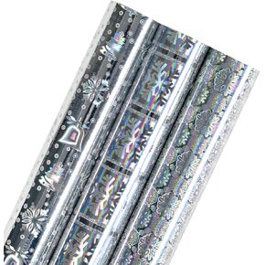 LeZakaa Holographic Wrapping Paper Roll - Mini Roll - Purple Heart/Orange Spiricle/Black Wavy Stripe for Halloween, Valentine's Day, Birthday, Holiday - 17 x 120 inches - 3 Rolls (42.5 sq.ft.ttl.)