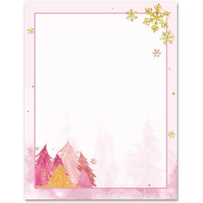 AnyDesign 60 Sheets Christmas Stationery Letterhead Paper Single-Sided Xmas Tree Snowflake Letter Paper Pink Writing Paper Notes Greeting Paper for Winter Invitation Office Printing, 8.5 x 11 Inch