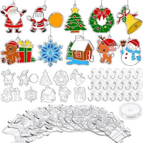 RoundFunny 60 Sets Christmas Suncatchers Craft Ornaments Decorations Christmas DIY Window Art Kits Suncatchers Paint Christmas Craft Kits for Classroom Activity Christmas Art Project