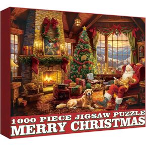 Christmas Cozy Cabin Puzzle for Adult 1000 Piece, Holiday Santa Claus Dog Jigsaw Puzzles, Winter Fireside Companions Puzzle