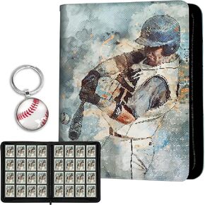 Baseball Card Binder, Baseball Card album, Stitched Ringless 16 pocket Card Binder Holds 1024 cards, Baseball Card Holder Side Loaded pockets, Trading Card Binder, with baseball keychain.