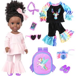 iBayda One-Piece 14.5 inch Black Girl African-American Washable Realistic Silicone Baby Doll with 2sets Clothes Shoes Backbag Camera Glasses and Phone Toys Accessories