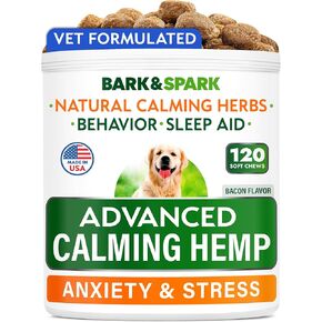 BARK&SPARK Advanced Calming Hemp Treats for Dogs - Hemp Oil + Melatonin - Anxiety Relief - Separation Aid - Stress Relief During Fireworks, Storms, Thunder - Aggressive Behavior, Barking - 120 Chews