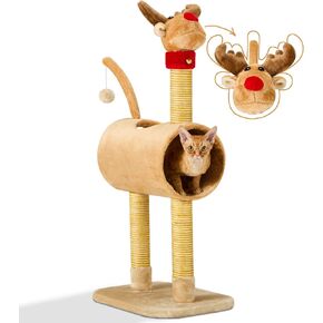 Erinnyees Christmas Cat Tree Tower for Indoor Cats, 39in Cute Cat Climbing Tower with Sisal Scratching Posts, Elk Head, Cat Tunnel, Small Cat Tree for Kittens Multi-Cat Households