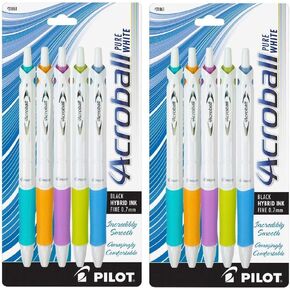 Pilot Acroball PureWhite Retractable Advanced Ink Ball Point Pens; Fine Point, Black Ink, Turquoise/Orange/Purple/Lime/Blue Accents, 2 Of Each (10 Pack)