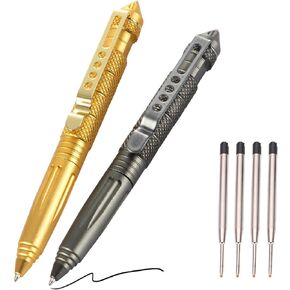2 Pack Military Tactical Pen Set with 6 Black Ballpoint Refills for Writing, Made of Tungsten Steel & Aluminum (Black & Silver)