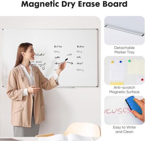 Sweetcrispy Magnetic Dry Erase Board, 36 X 24 Inches White Board for Home Office School,Sliver Reinforced Aluminum Frame,1 Dry Eraser & 2 Dry Erase Markers & 4 Push Pin Magnets in Saudi Arabia