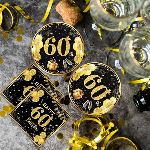 40 PCS 60th Birthday Decorations Black Gold Back in 1964 Disposable Tableware Cheers to 60 Years Birthday Plates Napkins Set for Men Women 60th Birthday Serve 20 in Saudi Arabia