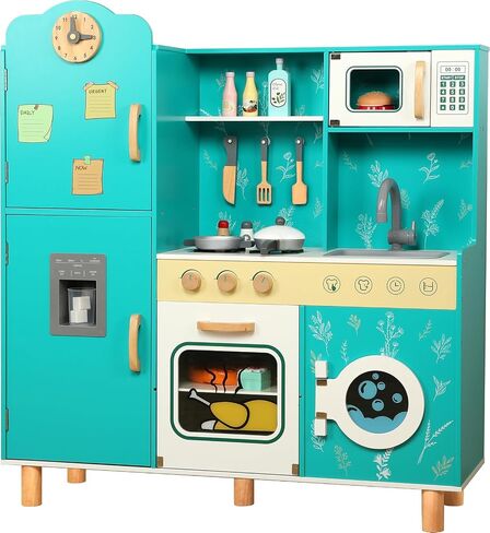 Bruvoalon Wooden Play Kitchen Toy Set for Kids, with Realistic Design, Sink with Faucet, Oven, Microwave, Utensils, Kitchenware Play Food Set Accessories, Birthday Gifts for Toddlers Boys Girls (Pink) in Saudi Arabia