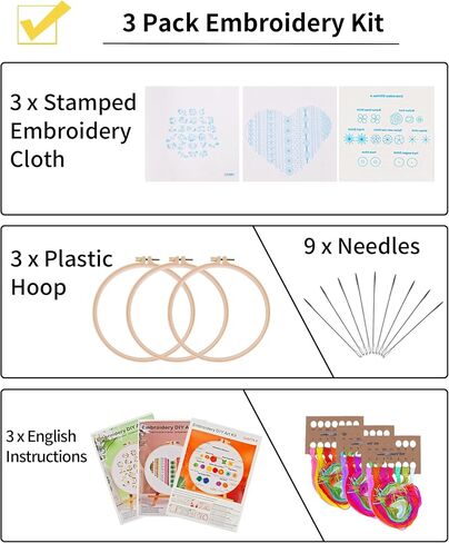 AOFUXTI Beginner Embroidery Kit - 3 Sets Cross Stitch Kits, Cross Stitch Supplies with Stamped Flower Pattern, Hoop, Color Threads, Tools, Stitch Learning DIY Kit (Letter) in Saudi Arabia