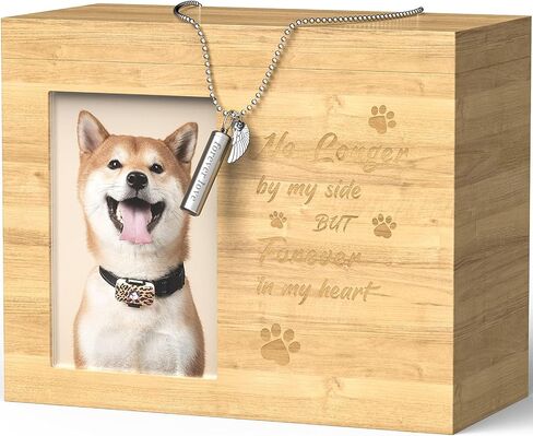 SCHITEC Pet Urns for Dogs Cats Ashes, Memorial Gift Cremation Keepsake for Loss of Dog, Large Bamboo Memory Box with Personalized Photo Frame & Urn Necklace in Saudi Arabia