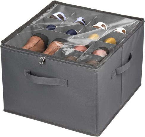 Shoe Storage Organizer for Closet, Large Fabric Shoe Box Storage Containers with Clear Cover and Adjustable Dividers for Shoe Storage, Foldable Shoe Storage Bins Fits 16 Pairs (Grey) in Kuwait