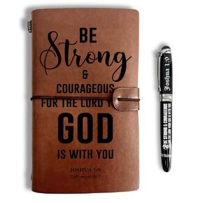 Joshua 1:9 Leather Journal, Engraved Gift Pen, Roller Ballpen, Ballpoint Pen, Be Strong and Courageous, Inspirational Christian Bible Verse Gift, Leather Notebook and Pen Gift, 160 Pages Notebook