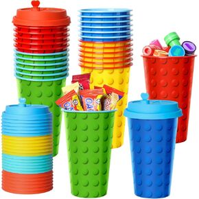 FZR Legend Building Blocks Party Favors Goodie Cups, 24 Pack Birthday Party Cups in 4 Designs, 16OZ Reusable Colorful Blocks Plastic Party Supplies Decorations Cups with Lids Plugs for Kids