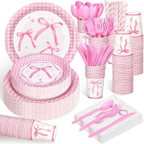 Zhehao 200 Pcs Pink Bow Birthday Party Supplies Conquette Birthday Decorations Coquette Party Decor Severs 25 Guests Pink Bow Plates Cups Forks Spoons Knives Straws Napkins Dinnerware for Birthday