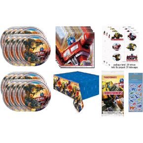 Transformers Birthday Party Supplies Bundle Pack Serves 16 includes 16 Plates, 16 Napkins, 1 Table Cover, 24 Tattoos, 1 Dinosaur Sticker Sheet