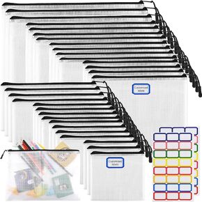 24pcs Large Mesh Zipper Pouch File Bags YOPCDJ Reusable Zippered Pouches for Organizing Classroom, Board Game Storage, Puzzle Bags Black