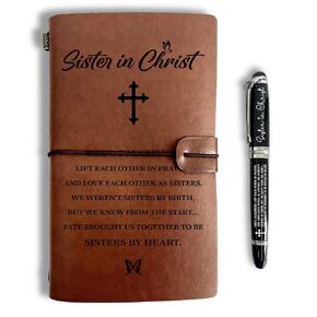 Christian Sister Gift Leather Journal, Engraved Gift Pen, Roller Ballpen, Ballpoint Pen, Leather Notebook and Pen Gift for Sisters in Christ, 160 Pages Notebook, Friendship Birthday Christmas Gift-C3