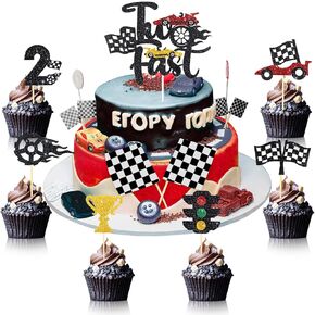 49 Pack Two Fast Cake Topper Race Car Cake Decoration Racing Car Theme Birthday Cake Topper Double Sided Trophy Flag Race Car Birthday Party Supplies Birthday Racing Car Events