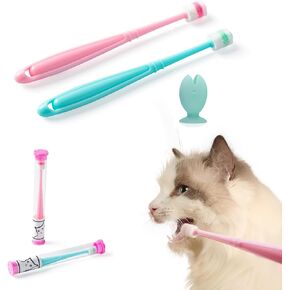 E.M&S.T by Emmeliestella Small Dog & Cat Toothbrush 360 Degree Soft Silicone, Cat Dental Care, Toothbrush Holder, Easy to Handle, Independent Packaging, Extra Suction Cup, Light Blue&Light Pink 3PCS