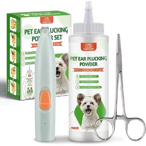 Dog Ear Powder Set, Dog Ear Powder for Hair Removal 30g , 5.5 Inch Hemostat and Dog Clippers for Grooming, Dog Ear Infection Treatment ，Removing Earwax and Odour，Relief of Itching（greener 3pcs)