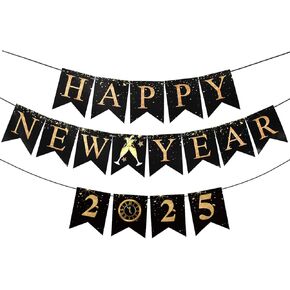 Happy New Year Banner Decorations 2025,Large Size 16.4 Feet New Years Eve Decorations Happy New Year Sign No DIY Hanging Gold Black Paper Flag Bunting for New Years Backdrop NYE Party Supplies 2025